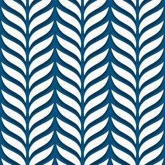 Geometric leaf shapes in vertical rows. Abstract botanical elements  vector illustration. White elegant modern seamless pattern on blue background. - 682730279