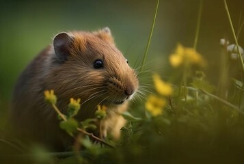 Gopher in field with wild flowers closeup photo. Wildlife rodent animal in natural environment. Generate ai