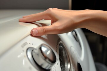 Hand push on auto washing machine. Clean clothing household auto vehicle. Generate Ai