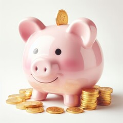 Saving money, a cute pink piggy bank with coins being saved, on a white background.