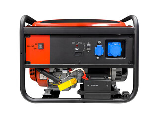 Portable electric AC generator isolated on white background. Diesel or petrol generator for home and industrial use. Gasoline powered engine. Backup energy.