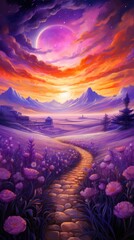 Serene sunset illuminates cobblestone path through lavender fields. Peaceful landscape and nature.