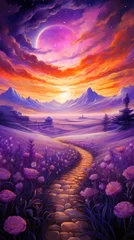 Schilderijen op glas Serene sunset illuminates cobblestone path through lavender fields. Peaceful landscape and nature. © Postproduction
