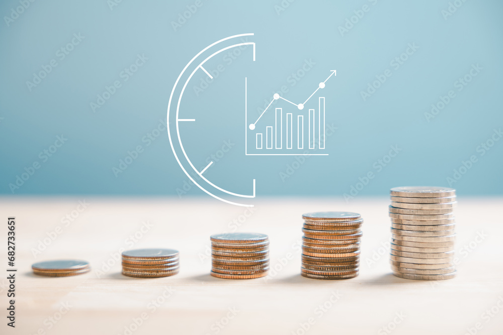 Poster silver coins form a stack adjacent to a trading chart rising arrow, illustrating financial concepts 