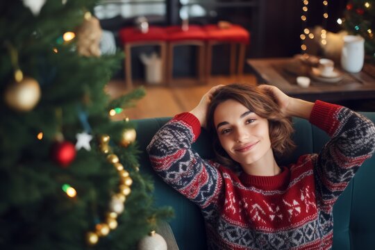 Woman Relaxes by Christmas Tree.