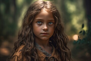 Little girl portrait forest nature. Tree child person happy smile. Generate Ai