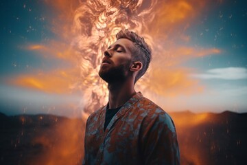 Man with closed eyes astral projection soul. Spiritual energy levitation aura floating. Generate ai