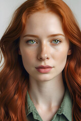 Obraz premium Hair care and beauty products. Close up shot of a beautiful redhead girl with green eyes, natural skin with freckles and long ginger hairstyle looking at camera. Natural eyes and lips, beauty concept.