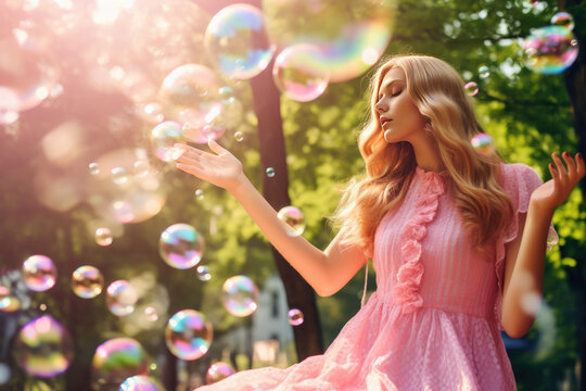 Ethereal blonde woman surrounded by myriad bubbles with sun rays filtering through trees