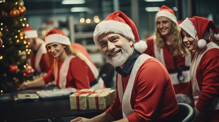 Workers wearing Santa hats smile. Generative Ai. - obrazy, fototapety, plakaty