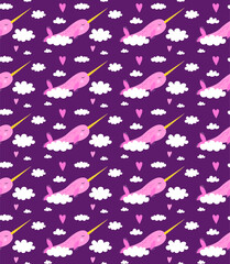 Seamless pattern. Valentine's day. Illustration of the cute narwhal, hearts and clouds