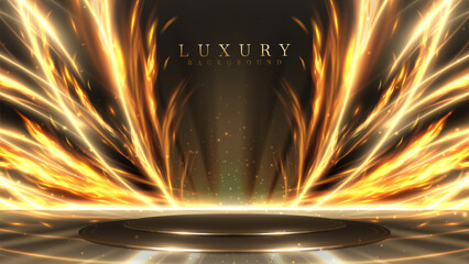 Empty podium golden on black background with light neon and fire effects with bokeh decorations. Luxury scene design concept. Vector illustrations.