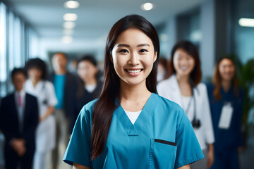 Obraz premium Smiling young female asian nurse with uniform