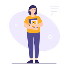 Cute girl student holds textbooks in her hands. A smart student prepares for an exam. Vector illustration