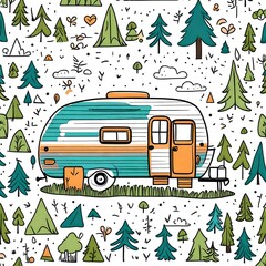 A simple drawing of a vintage whimsical cute camper in the summer forest suitable for a t-shirt design T-shirt design graphic