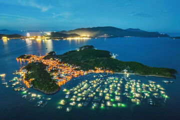 Tri Nguyen Island at night with the lights from the beautiful shrimp cages