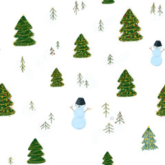 Watercolor Christmas trees snowmen pattern isolated on white