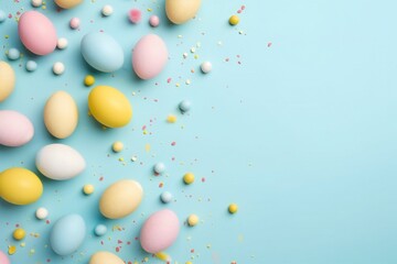 Fototapeta na wymiar Easter decor concept. Top view photo of yellow pink blue easter eggs and sprinkles on isolated pastel blue background with copy space
