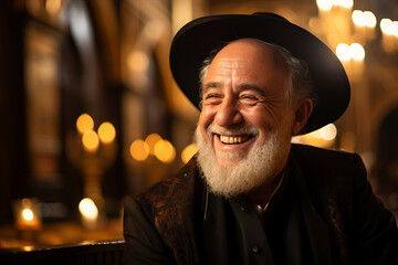 Portrait of a smiling old rabbi inside a Jewish church