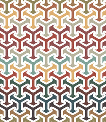 Seamless repeating pattern with interlocking multicolored geometric arrow shaped elements on a white background. Retro style design with vintage colors.  Decorative vector illustration.