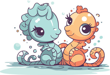 Cute cartoon baby octopus and seahorse vector illustration