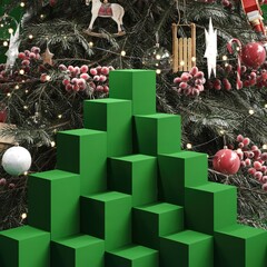 Close up  Green color stage mock up. Christmas idea concept Celebration. 3D Rendering. - 682740422