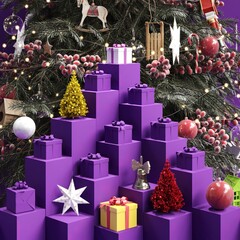 Close up Outstanding Decoration gift box standing one put on purple color stage mock up. Christmas idea concept Celebration. 3D Rendering.  - 682740434
