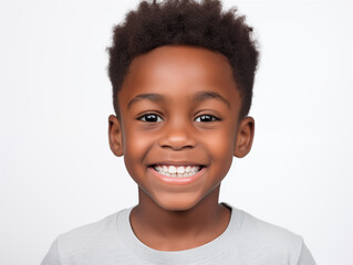 Beautiful little afro boy laughing. Full mouth smile. Isolated on white background
