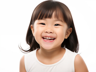 Beautiful little asian girl laughing. Full mouth smile. Isolated on white background
