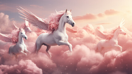 Obraz na płótnie Canvas Beautiful white and pink unicorns flying in the sky