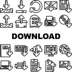 download app web arrow icons set vector. file data, downloading shape, load, concept internet, interface technology, website download app web arrow black contour illustrations