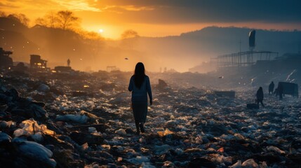 girl walks through a pile of garbage, environmental problem, back view