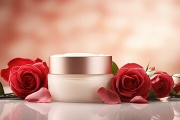 cream blank jar mock up with roses flowers for mockup