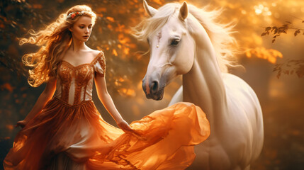Obraz na płótnie Canvas Beautiful young elf walking with a unicorn