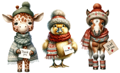 Set of watercolor Animals in Christmas , Happy New Year, decoration , Cute Animals Holding a sheet of paper with a message cut out transparent isolated on white background ,PNG file