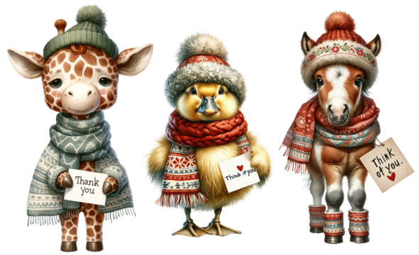 Set of watercolor Animals in Christmas , Happy New Year,  decoration , Cute Animals  Holding a sheet of paper with a message cut out transparent isolated on white background ,PNG file