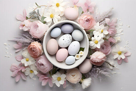 easter eggs and flowers easter eggs and cherry blossom flowers on white background Top view colored easter eggs on the gray plate, blooming tree branch in vase and flower petals on the white table. 
