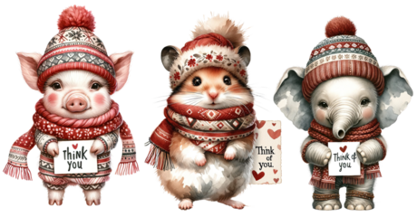Set of watercolor Animals in Christmas , Happy New Year, decoration , Cute Animals Holding a sheet of paper with a message cut out transparent isolated on white background ,PNG file