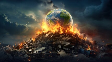 planet earth is burning on a huge pile of garbage, polluting the air, environmental problem, banner
