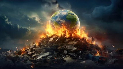 Foto op Canvas planet earth is burning on a huge pile of garbage, polluting the air, environmental problem, banner © Dmitriy