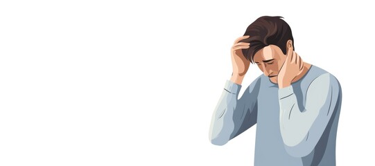Depressed man crying with head up on hands on white background
