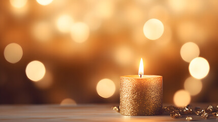 Obraz na płótnie Canvas christmas candle on a wooden background Cozy blurred background idea for Christmas with candles,generative AI Golden candles on a wooden table.
