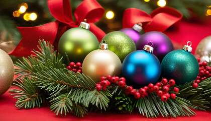 Fototapeta na wymiar Christmas and New Year background, colorful glass balls decorate on Lush pine leaves, pine fruit, ribbons, holiday elements, banners, posters.