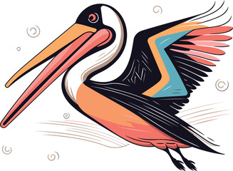 Colored pelican isolated on white background hand drawn vector illustration