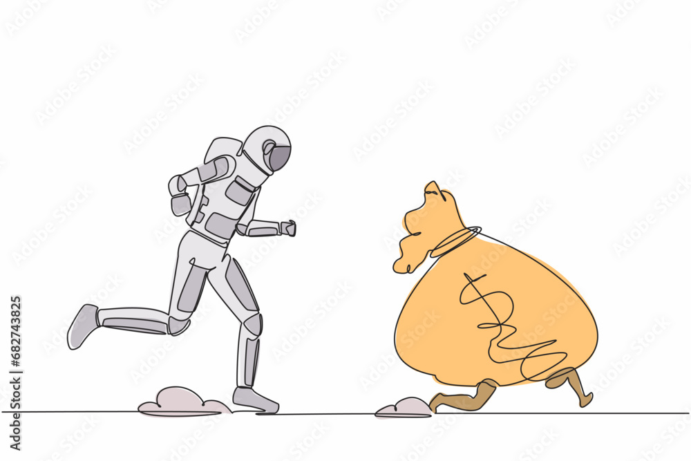 Poster continuous one line drawing astronaut chasing money bag dollar in moon surface. trying to achieve sp