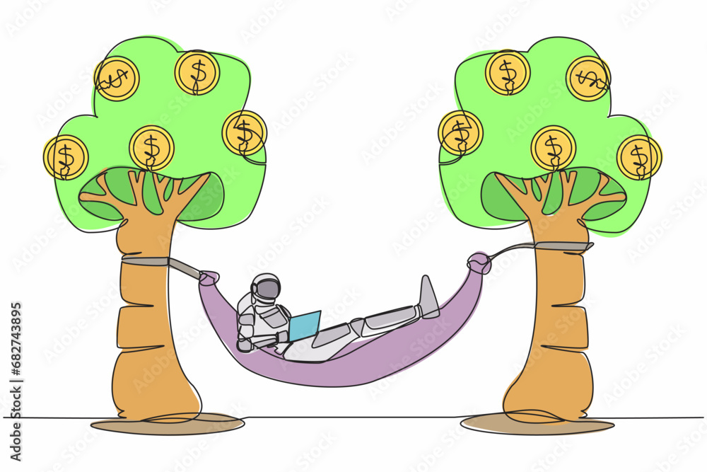 Poster single one line drawing of astronaut typing with laptop in hammock tied on money tree with dollar co