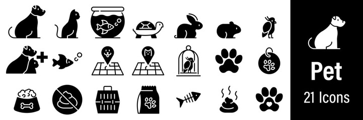 Pet Web Icons. Types of pets. Dog, Cat, Fish, Puppy, Turtle, Hamster, Parrot. Vector in Line Style Icons - obrazy, fototapety, plakaty