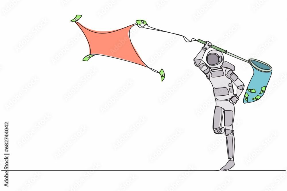 Poster single one line drawing astronaut trying to catch flying banknote money with net. collecting spacesh