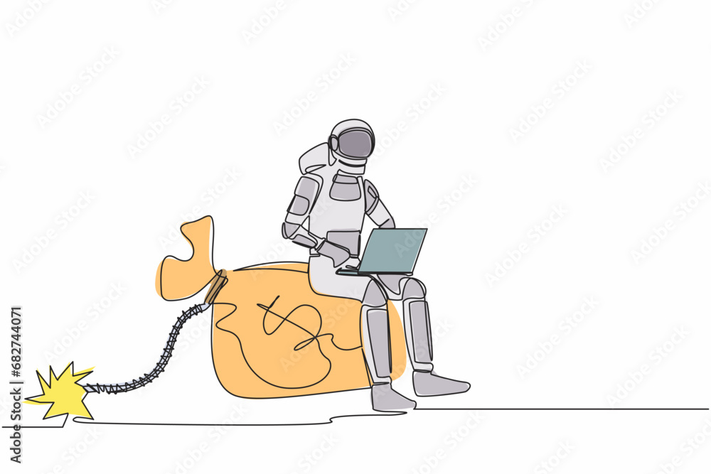 Aufkleber continuous one line drawing of astronaut sitting and typing laptop on huge bomb money bag with burni
