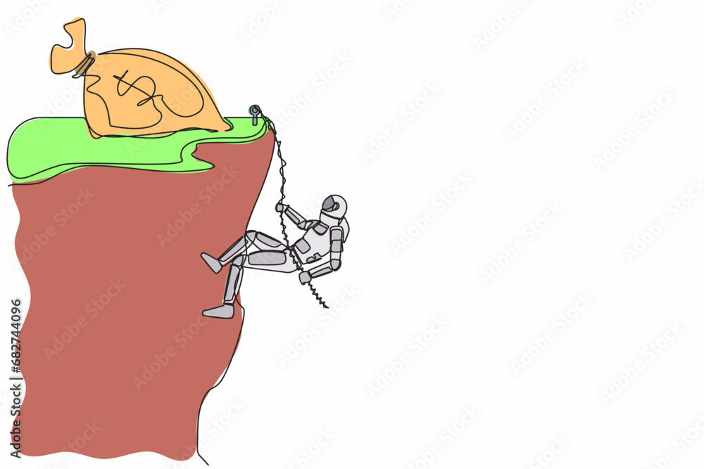 Poster continuous one line drawing astronaut climbing high cliff using rope toward money bag. difficulty of